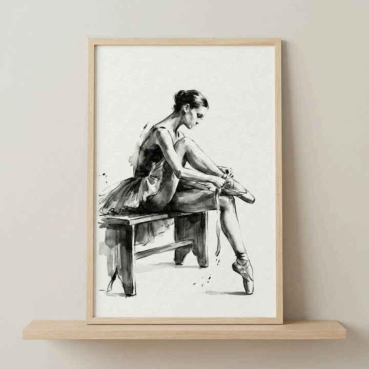 A monochromatic illustration of a ballet dancer seated on a simple wooden bench. The figure is captured in profile, leaning forward to tie the ribbon of her pointe shoe on a raised leg. Her other foot rests delicately on its toe. The artwork uses expressive black ink or watercolor-style strokes against a white background, creating a minimalist and graceful aesthetic. It is showcased in a light-toned wooden frame resting on a shelf.