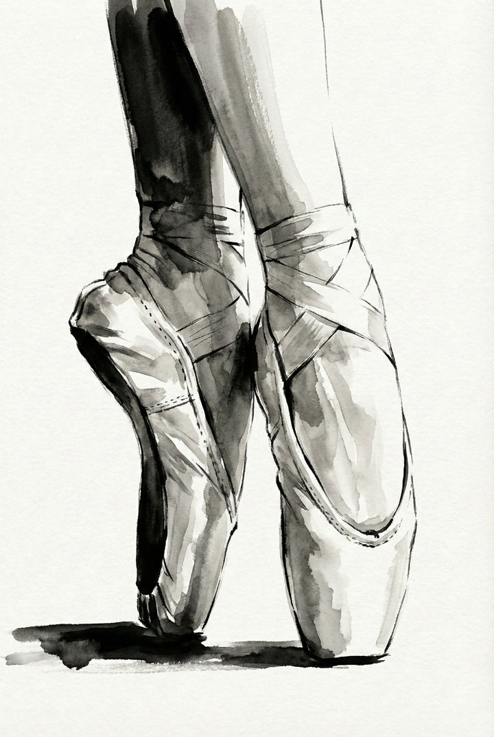 Black and white watercolor close up of ballet pointe shoes balanced on tiptoe. The ribbons wrap tightly around the ankles with soft shadows grounding the feet.