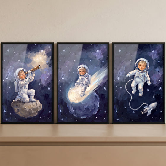 Inky sky baby astronaut wall art set of 3 features a child with a telescope, riding a comet, and floating with a rocket.