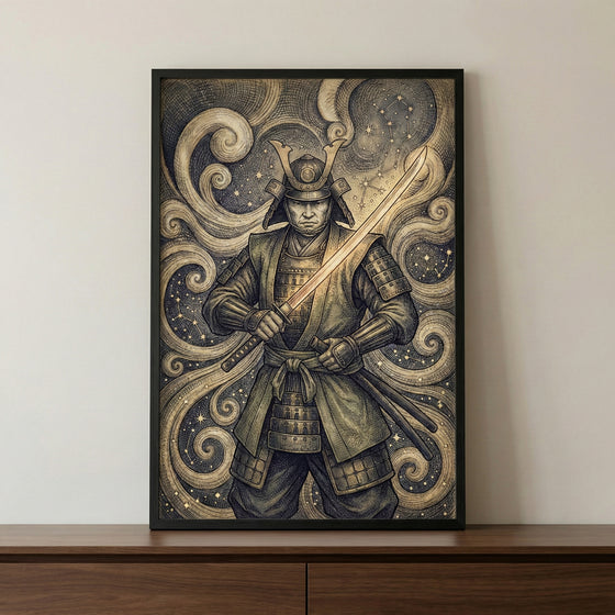 Framed artwork featuring a fierce samurai in traditional armor holding a glowing katana, set against a swirling, starry background in sepia tones. The celestial elements and intricate detailing create a powerful and mystical atmosphere, blending warrior strength with cosmic energy.