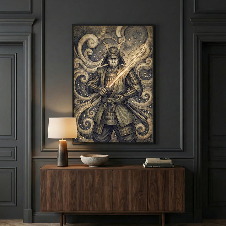 Stylish interior featuring dark paneled walls and a wooden sideboard, topped with a sculptural bowl, books, and a modern lamp. Above the sideboard hangs a framed artwork of a samurai in armor holding a glowing sword, set against a swirling, starry celestial background, adding a dramatic and mystical focal point to the sophisticated space.