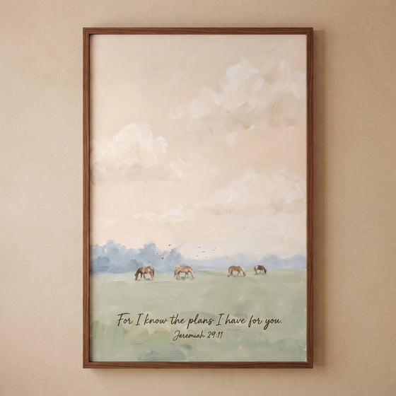 Framed jeremiah 29 11 horse wall art showing a landscape of horses grazing in a meadow under a soft cloudy sky.