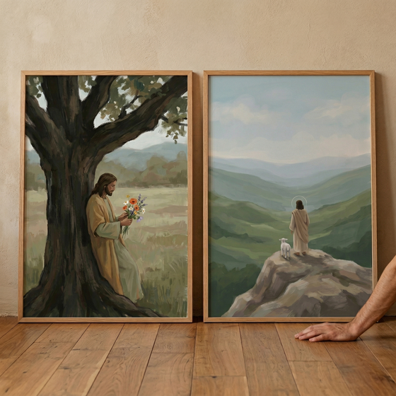 Two large framed paintings rest side by side on a wood floor against a textured beige wall. The left painting shows Jesus in a tan robe leaning against a dark tree while holding a bouquet of wildflowers. The right painting shows Jesus from behind standing on a rocky cliff beside a white lamb and looking out over soft green hills. A persons forearm and hand appear at the lower right edge.