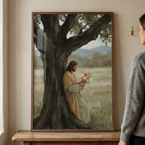 A framed artwork leans against a plain wall on a rustic wooden table. The art depicts Jesus Christ leaning against the trunk of a large, sprawling tree in a soft, sunlit field. He is wearing a tan cloak and holding a colorful bouquet of wildflowers. In the background are rolling hills under a hazy sky. On the right, a woman in a gray knit sweater is partially visible as she looks at the piece. The artwork has a textured, brushstroke-filled style and is set in a thin wooden frame.