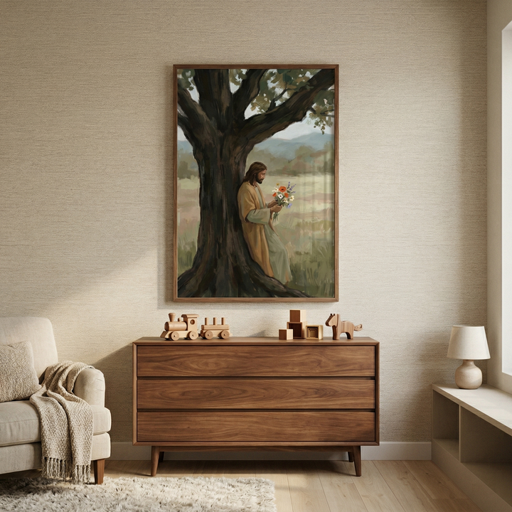 A peaceful interior displays a framed vertical artwork of Jesus standing next to a large tree in a field, holding a colorful bouquet. The frame hangs above a wooden dresser with three drawers, holding simple wooden toys. To the left, a cream-colored armchair features a textured pillow and a knit throw. A small lamp sits on a shelf to the right. The room is filled with warm, soft light, featuring neutral-toned walls, light wooden floors, and a plush rug.