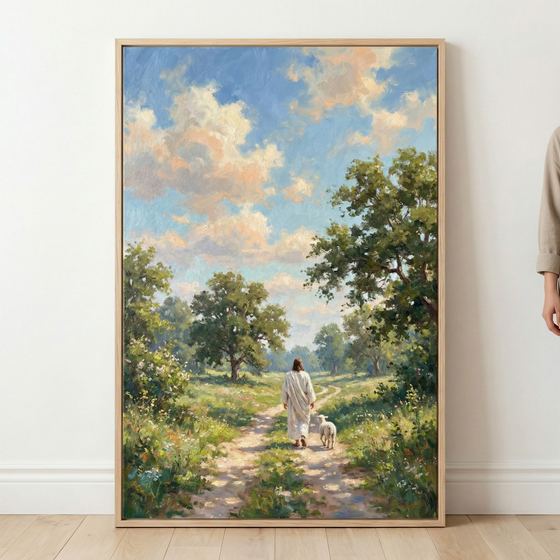 Vertical art in a light wood frame depicting Jesus from behind, walking down a sunlit dirt path. He wears a flowing white robe and is accompanied by a small white lamb. The scene is set in a vibrant green meadow filled with wildflowers and surrounded by large, leafy trees. Above, a bright blue sky is filled with soft, golden clouds. The artwork features a textured, expressive style and is shown hanging on a plain white wall above a light wooden floor.