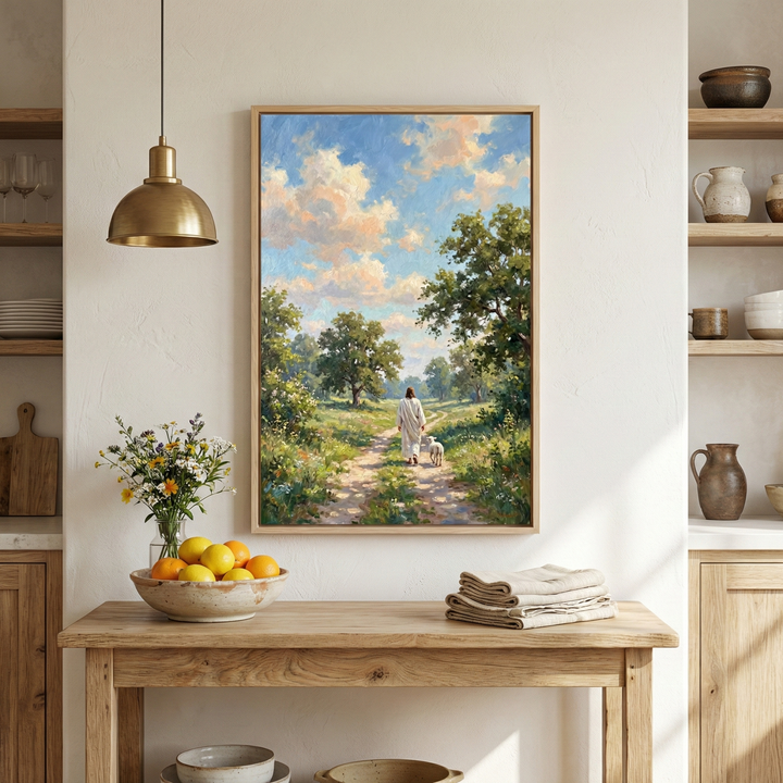 A cozy kitchen scene features a wooden table adorned with a bowl of fresh oranges and a vase of wildflowers. Above the table hangs a framed painting depicting a serene landscape with a person walking a dog down a sunlit path, surrounded by lush greenery and trees under a partly cloudy sky.