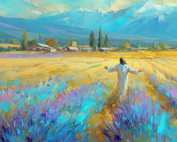 A vibrant painting depicts a person in a white robe standing in a colorful field, arms outstretched. The foreground is filled with vivid blue and purple flowers, while golden fields stretch towards distant mountains under a bright, cloudy sky.