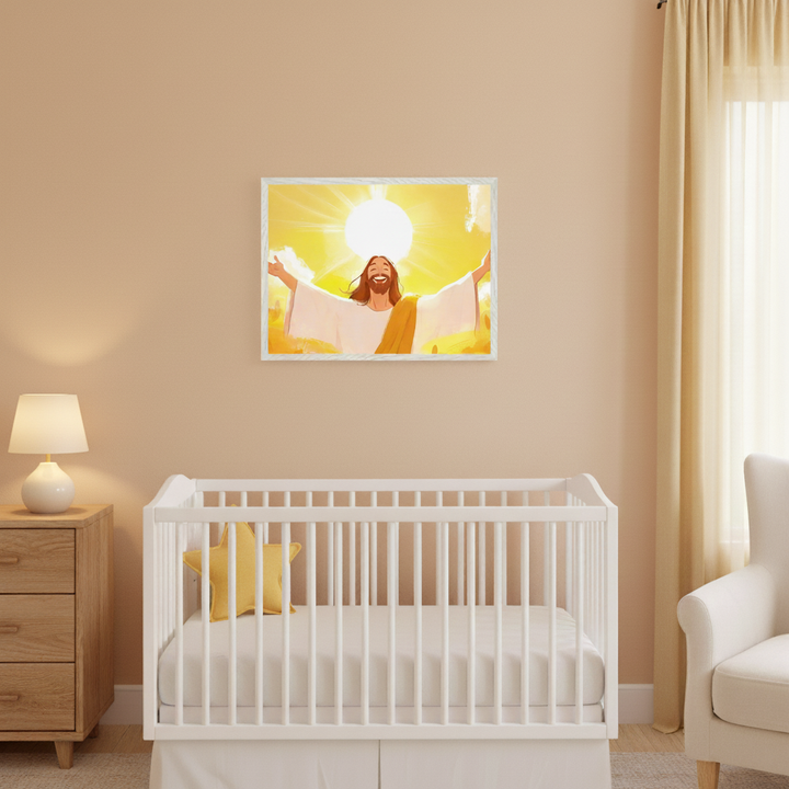 Bright nursery with a white crib containing a yellow star pillow, wooden dresser, and white armchair. A framed illustration of a smiling Jesus with arms open and a bright sun behind him hangs centered above the crib.