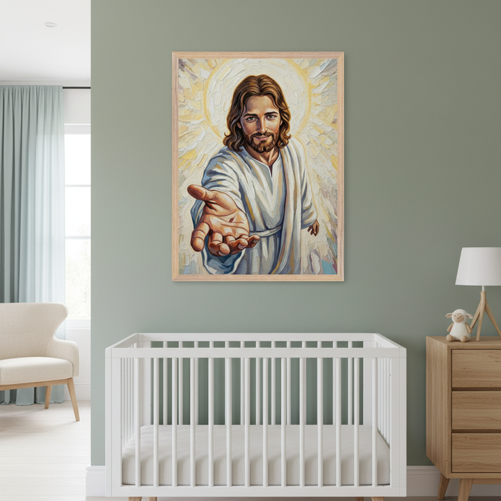 Modern nursery with a white crib and light wood dresser. A large framed impressionistic painting of Jesus, with an outstretched hand and a halo, hangs centered above the crib on a sage green wall.