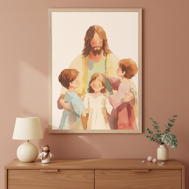 Modern room with a wooden dresser. A large framed watercolor print of Jesus embracing three children hangs centered above the dresser. A cream lamp, a small Jesus figurine, and a vase with eucalyptus are on the dresser.