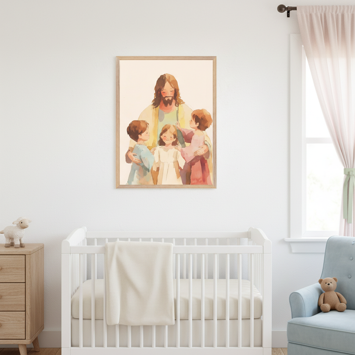 Neutral nursery with a white crib, wooden dresser, and light blue armchair. A framed watercolor print of Jesus with four children hangs above the crib. Light pink curtains adorn the window on the right.
