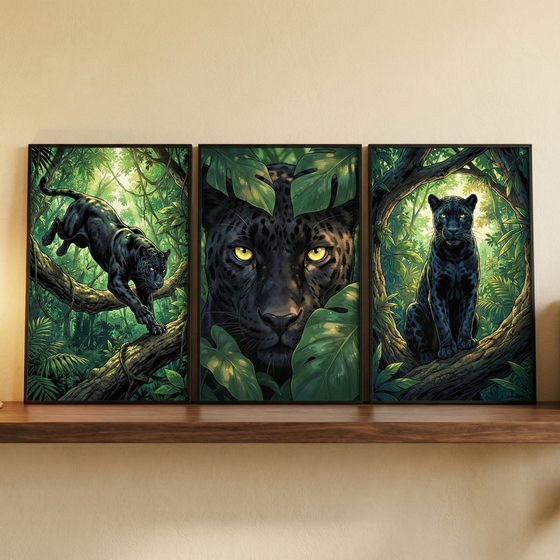 A set of three framed vertical art panels on a wooden shelf depicts a sleek black panther in a dense, sunlit jungle. On the left, the animal climbs down a thick tree limb. The center panel is a close-up of its face with piercing yellow eyes peering through large green leaves. The right panel shows the panther sitting on a branch, framed by lush tropical foliage. The artwork features deep greens and dark tones, accented by golden light filtering through the trees.