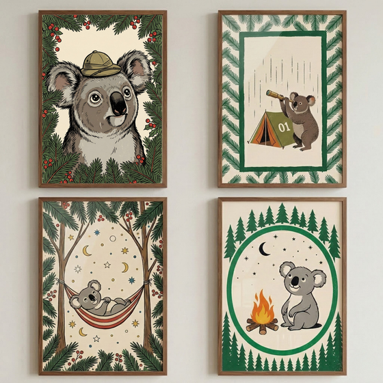 Four framed koala illustrations hang in a two by two grid on a white wall. The top left koala wears a safari hat among pine branches and red berries. The other prints show a koala looking through a telescope beside a tent, relaxing in a hammock under stars and moons, and sitting by a campfire surrounded by pine trees.