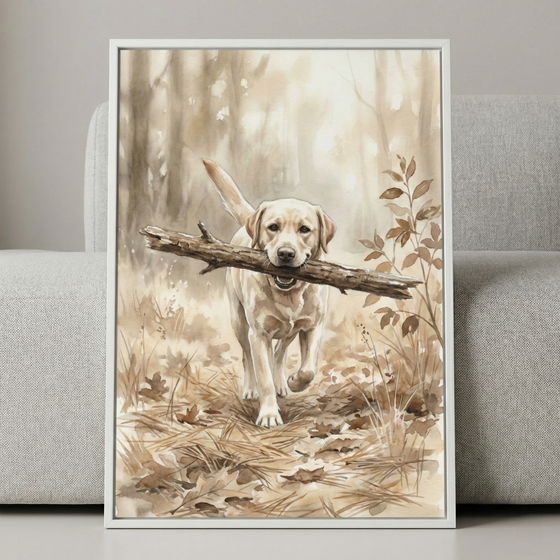 A framed watercolor-style illustration features a light-colored retriever-type dog trotting toward the viewer through a wooded area. The dog carries a thick, weathered branch in its mouth. The scene is rendered in soft, monochromatic tones of brown, tan, and cream, creating a warm and natural atmosphere. The background depicts a hazy forest with tall trees, and the ground is covered in dry grass and fallen leaves. The framed artwork is shown leaning against a neutral grey fabric sofa.