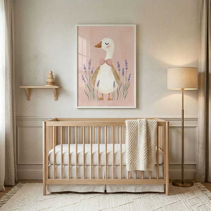 A serene, neutral-toned nursery features a light wood crib as its centerpiece. Above the crib, a framed piece of art displays a whimsical white duck wearing a pink bow tie, surrounded by lavender sprigs on a soft pink background. A cream-colored knitted blanket is draped over the crib rail. To the left, a small wooden shelf holds a stacking toy. A tall floor lamp stands to the right, casting a warm glow. The room is complete with a textured rug, flowing curtains, and elegant wall molding.