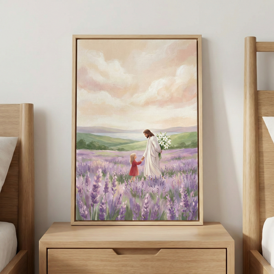 A framed vertical artwork sits on a wooden nightstand between two bed frames. The illustration depicts Jesus in a white robe, holding white lilies and walking through a lavender field with a young girl in a red dress. They hold hands as they stroll through the purple flowers. In the background, green hills lead to a calm body of water under a sky with soft pink and orange clouds. The image features soft, textured brushwork and a peaceful, serene atmosphere.