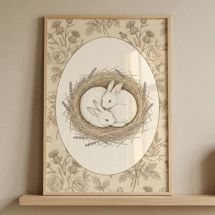 Framed vintage style illustration of two rabbits curled together in a nest of twigs and lavender, surrounded by delicate floral linework and an oval border. The soft neutral tones and detailed design create a peaceful and nurturing focal point for a nursery space.
