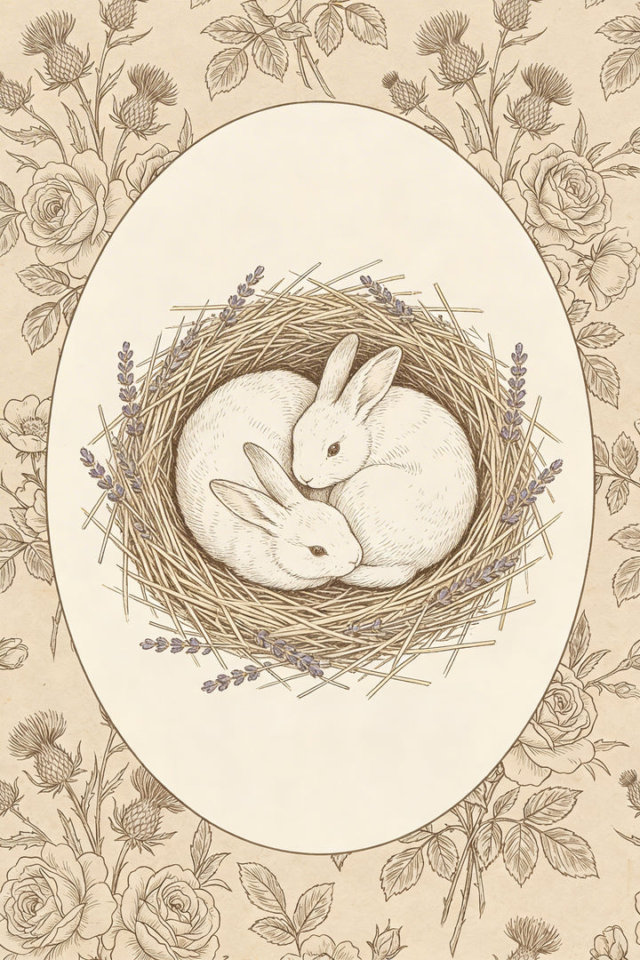 Two white rabbits are nestled closely together in a circular nest of straw, accented by sprigs of purple lavender. This central scene is framed within a large, vertical oval. The area outside the oval is filled with a detailed, vintage-style repeating pattern of roses and thistles. The entire illustration is rendered in a delicate line drawing style with warm, sepia-toned colors, creating a classic botanical aesthetic that is peaceful and elegant.
