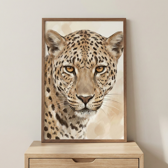 A vertical artwork featuring a detailed, close-up portrait of a leopard's face. The large cat has intense amber eyes and a patterned coat with black rosettes and spots on a light tan background. Delicate, long whiskers fan out from its muzzle. The piece is housed in a simple wooden frame and sits on a light-colored wooden cabinet against a plain, off-white wall. The style is illustrative and realistic with soft, textured details.