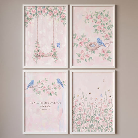 Light blush garden wall art set of 4 featuring blue birds, pink roses, a floral swing, and scripture in white frames.