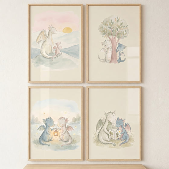 Light wash baby dragons wall art set of 4 featuring watercolor scenes of cute dragons reading and playing together.
