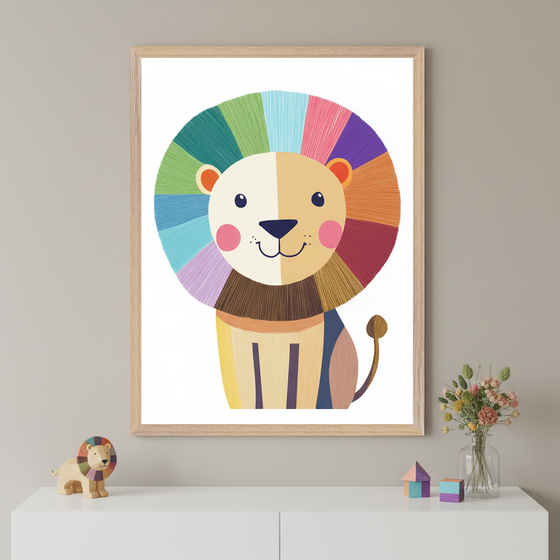 Modern kid's room with a white dresser. A large framed, stylized illustration of a happy, colorful lion with a rainbow mane hangs centered above the dresser. A wooden lion toy, small blocks, and flowers are on the dresser.