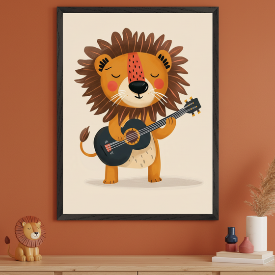 Modern kid's room with an orange wall and a light wood dresser. A large black-framed cartoon illustration of a smiling lion playing a black guitar hangs centered above the dresser. A small lion figurine and pampas grass decor are on the dresser.