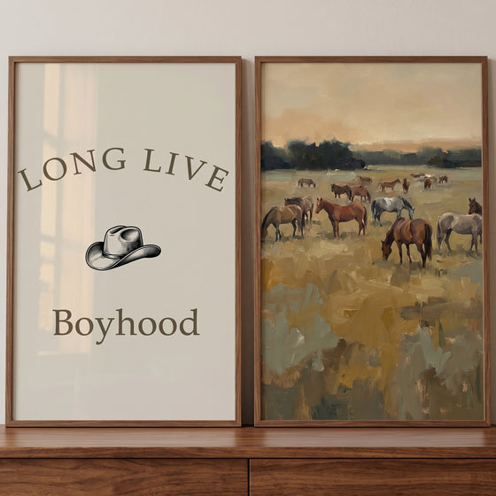 Long live boyhood horse wall art set of 2 featuring a cowboy hat graphic and a landscape of grazing horses in a field.
