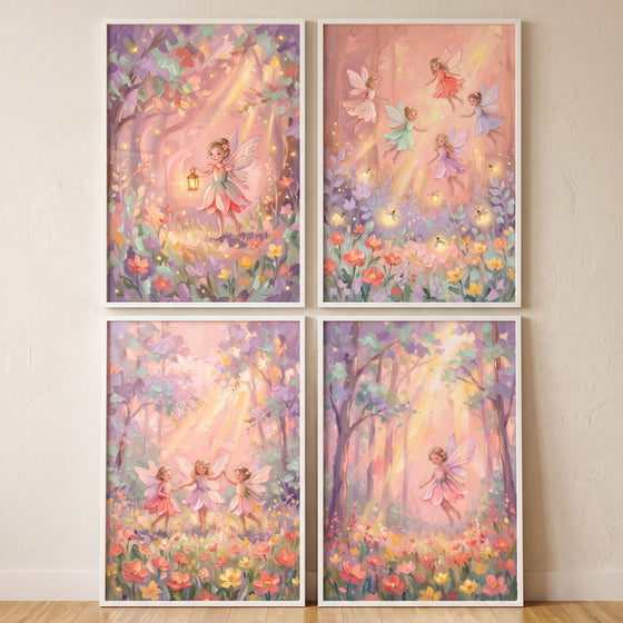 Luminous lilac woodland fairy wall art set of 4 depicts winged sprites dancing in a soft, glowing enchanted forest.