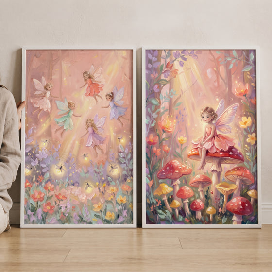 Luminous sunbeam magical fairy wall art set of 2 featuring fairies in wildflower meadows and on glowing mushrooms.
