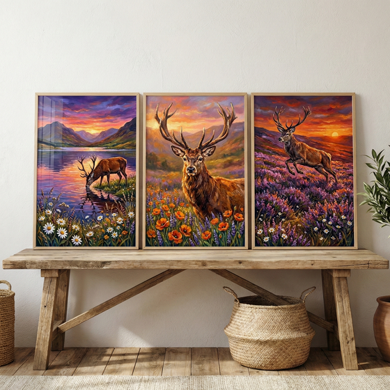 Three framed vertical artworks are arranged on a rustic wooden bench in a minimalist room. Each frame features a detailed depiction of a stag with large antlers set against a vibrant sunset landscape. The left frame shows a deer drinking from a still mountain lake reflecting purples and pinks. The center frame is a close-up of a stag in a field of bright orange poppies and lavender.