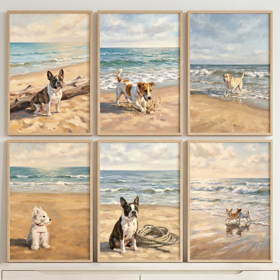 Maritime sandy shoreline dogs wall art set of 6 featuring various breeds on a beach by gentle ocean waves.