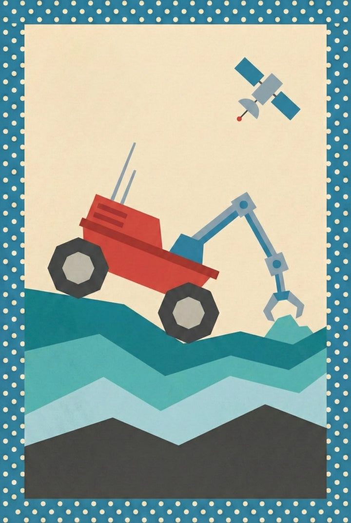 A red and blue planetary rover with a claw-like robotic arm explores layered terrain while a satellite floats above in a clear beige sky.