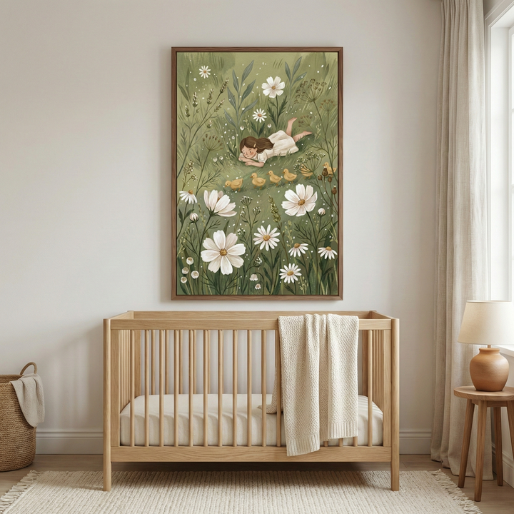 A cozy nursery features a wooden crib with a soft blanket draped over the side, set against a neutral wall. Above the crib hangs a charming painting of a young girl lying in a field of daisies with a line of ducklings nearby, all set against a lush green background. A small wooden table with a lamp and a woven basket complete the serene setting.