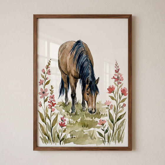 Meadow grazing horse wall art featuring a brown horse with a dark mane eating grass among tall pink flowers.