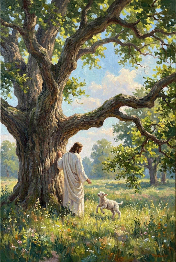 An impressionistic artwork depicting Jesus in a long white robe standing beside a massive, ancient tree in a sunlit meadow. He reaches out a hand toward a small, white lamb that is gamboling in the tall grass and wildflowers. The tree’s thick, textured trunk and sprawling, leafy branches arch over the scene. The background shows a gentle landscape with distant trees under a bright blue sky with soft white clouds, all rendered with visible brushstrokes and warm, golden light.