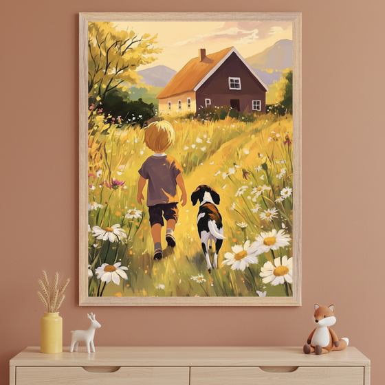 Framed illustration of a young boy walking hand-in-paw with a black and white dog along a sunlit, flower-lined path toward a cozy brown farmhouse. The vibrant meadow filled with daisies and the warm glow of golden hour create a dreamy, nostalgic countryside setting, displayed above a dresser with soft animal toys and rustic decor.