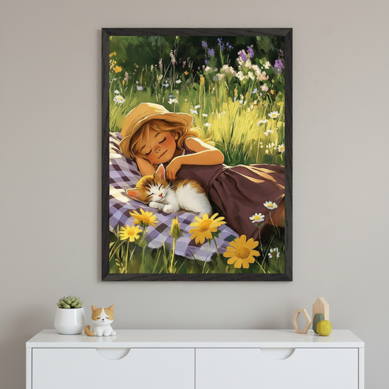 Framed illustration of a young girl in a sunhat peacefully napping on a checkered blanket in a wildflower-filled meadow, cuddling a fluffy orange-and-white kitten. The dreamy scene glows with golden sunlight, evoking a warm, tranquil moment of summer rest, displayed above a white dresser with soft cat-themed decor.