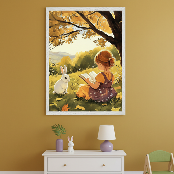 Framed illustration of a young girl sitting under a golden autumn tree, reading a book to a white rabbit in a sunlit meadow. The cozy scene is surrounded by fallen leaves and soft hills in the distance, displayed above a white dresser with bunny-themed decor and a lavender lamp.