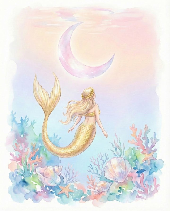 A whimsical watercolor of a mermaid with a golden tail swimming upward among coral reefs and seashells, gazing at a glowing crescent moon in a dreamy, pastel-toned underwater world.