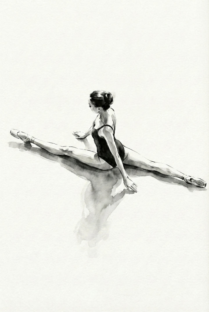 Minimalist black and white watercolor of a ballerina performing a full split leap. She wears a dark leotard with her hair in a bun, her reflection faintly mirrored beneath her on a soft wash background.