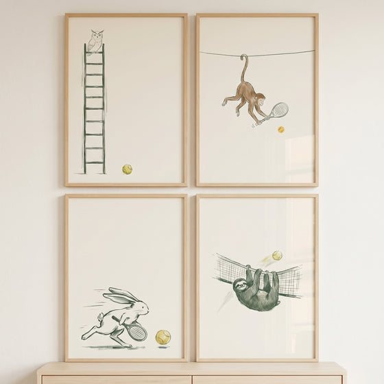 Minimalist tennis playing animals wall art set of 4 featuring an owl, monkey, rabbit, and sloth with tennis gear.