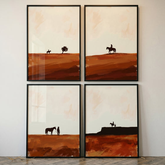 Minimalist terracotta cowboy wall art set of 4 with black silhouettes of horses and riders on a desert landscape.