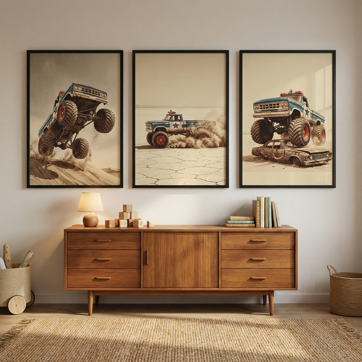 A wide-angle, eye-level indoor shot shows a mid-century modern wooden sideboard against a plain white wall. Above the sideboard, three vertically oriented framed artworks with black frames are hung side-by-side. Each piece of art depicts a blue monster truck in a desert setting: the left piece shows a truck jumping over a sand dune; the middle piece features a truck driving through a cracked desert landscape kicking up dust; the right piece shows a truck crushing a smaller car.