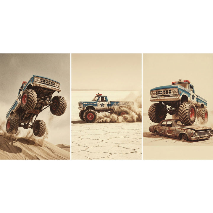 Three vintage style illustrations of a lifted blue monster truck with oversized tires driving through a desert landscape. One image shows the truck mid jump over sand dunes, another captures it speeding across cracked dry ground with dust clouds behind it, and the third shows it crushing an old rusted car beneath its massive wheels. The dramatic action scenes and muted sepia tones give this wall art set a bold rugged feel for truck enthusiasts or adventure themed spaces.