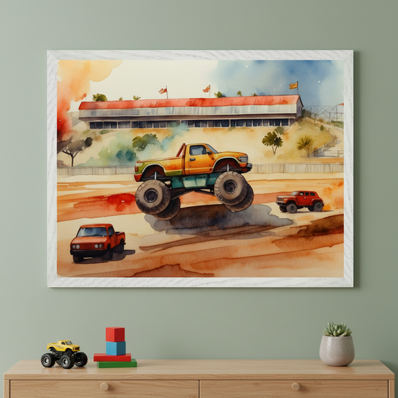 Kid's bedroom featuring a large framed watercolor painting of a yellow monster truck jumping over dirt, with smaller trucks and a stadium in the background, centered above a wooden dresser. A toy monster truck, blocks, and a potted plant sit on the dresser.