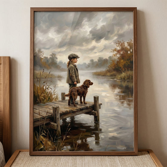 Moody dock girl dog wall art of a child and brown dog on a wooden pier by a foggy lake under a cloudy sky.