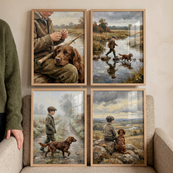 Moody oil boy dog wall art set of 4 shows boys and dogs in outdoor scenes like fishing and walking near water.