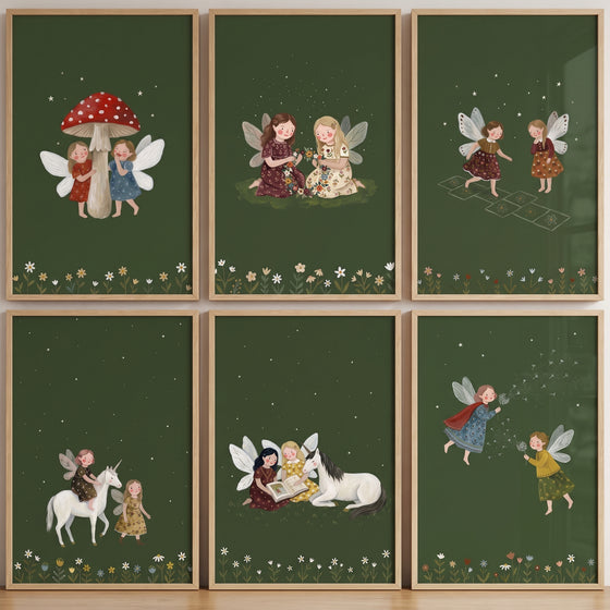 Moody woodland green fairies wall art set of 6, featuring whimsical forest scenes with dandelions, mushrooms, and flowers.